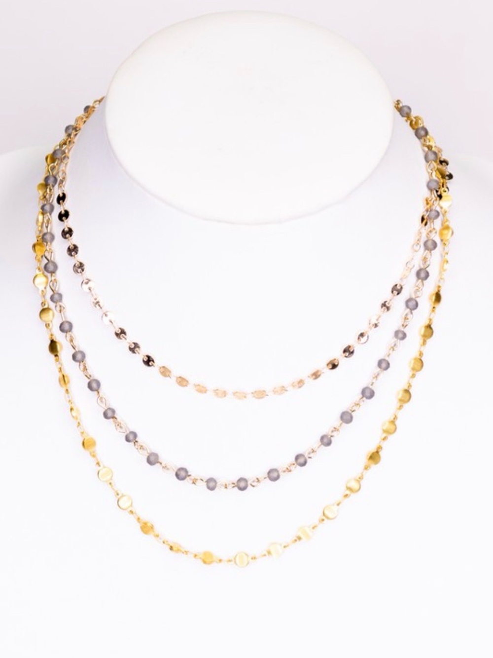 NWT Dylan Jewelry Trinity Necklace Triple Strand Gold Tone Beaded Layered Chain